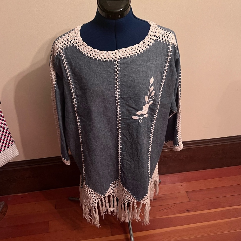 Boho Crochet Trim Denim Tunic with Floral Embroidery
